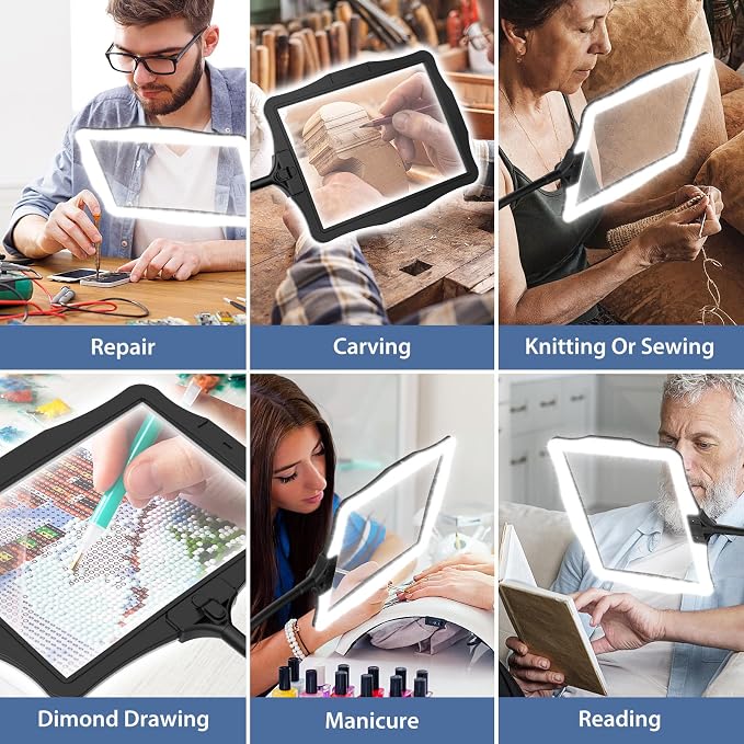 Magnifying Glass w/Light for Seniors Elderly Reading Full Page Diamond Painting, Magnifier w/Dimmable LED Desktop Lamp, Hands Free Magnifier for Crafts Arts Sewing Close Work