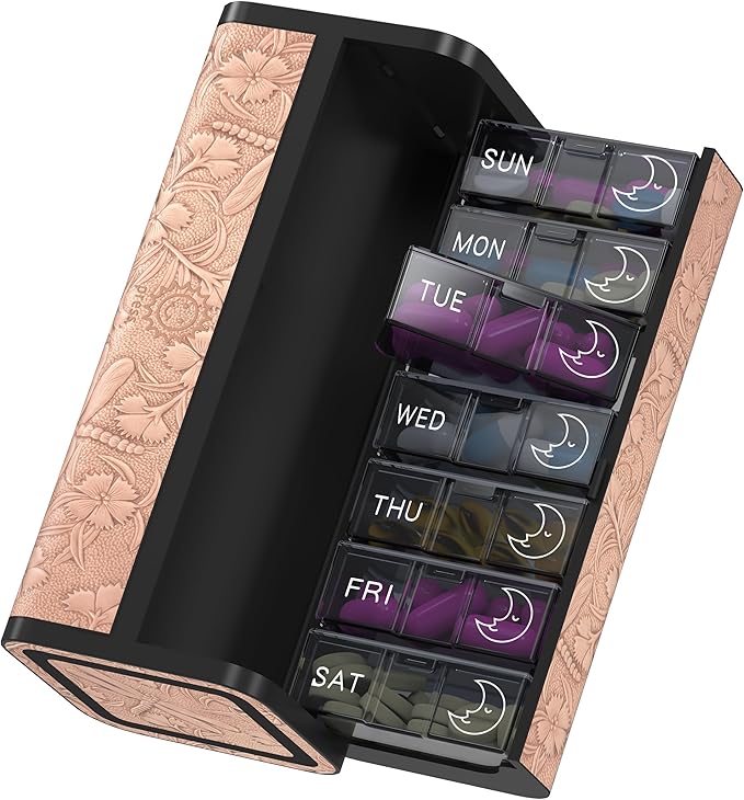 Pill Organizer 7 Day AM PM, Discreet 2 Times a Day Weekly Pill Box with Double Protection Shell, Large Capacity Portable Vitamin Case for Travel Meds & Medicine Organizer (Organge-Pink)