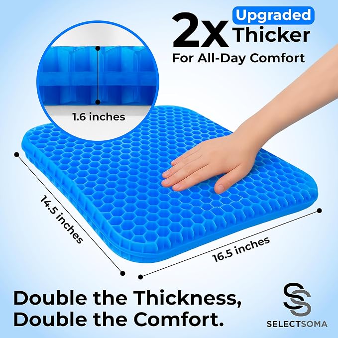 SelectSoma Gel Seat Cushion for Long Sitting, Pressure Relief for Sciatica, Tailbone, Coccyx & Back Pain, Office Chair, Wheelchair, Car & Truck – Standard Size Blue Gel