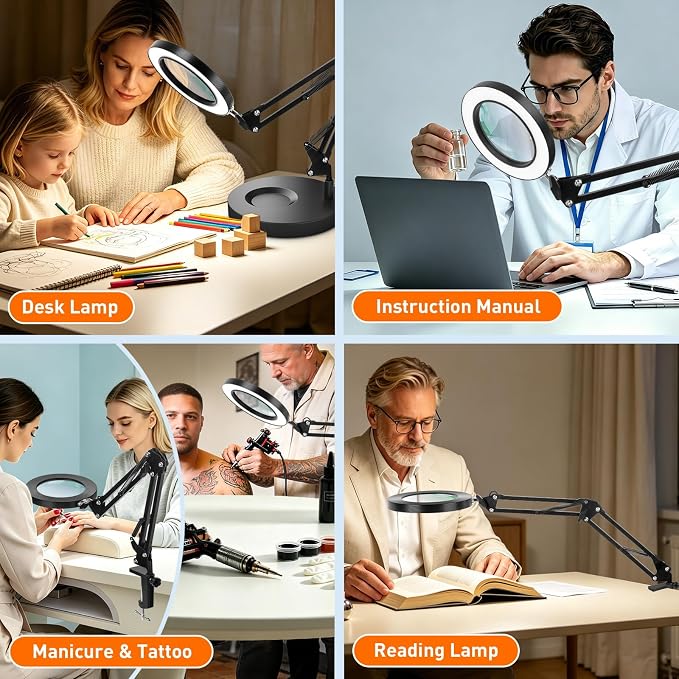 KIRKAS 10X Magnifying Glass with Light and Stand, 2 in 1 Stepless Dimmable | LED Desk Lamp with Clamp, 3 Color Modes Lighted Magnifier Swivel Arm Light for Reading, Craft, Close Works - Black