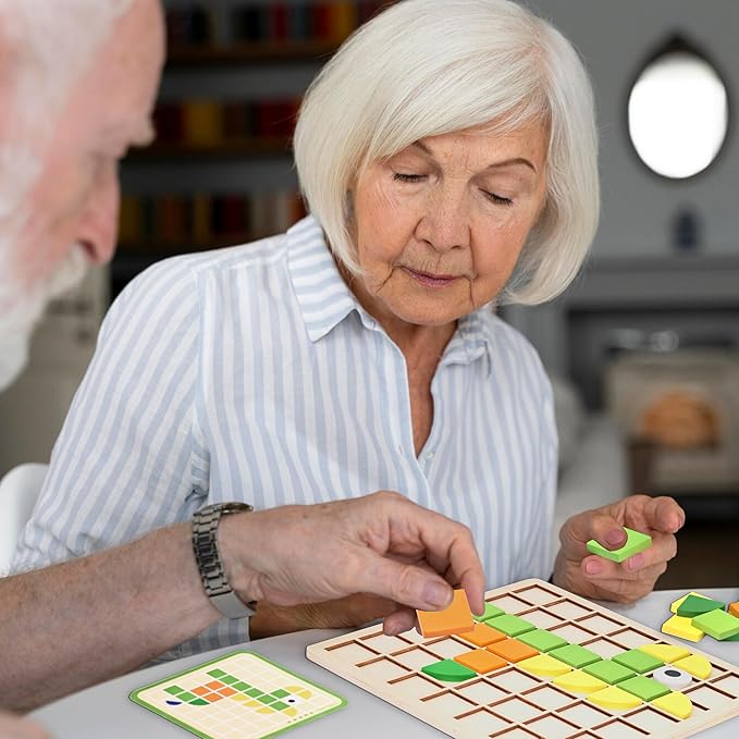 Activities for Dementia Patients, 96 Pieces Wooden Puzzle Games for Seniors, Colorful Shape Pattern Alzheimers Products for Elderly, Tile Matching Memory Cognitive Busy Board Gadgets Gifts