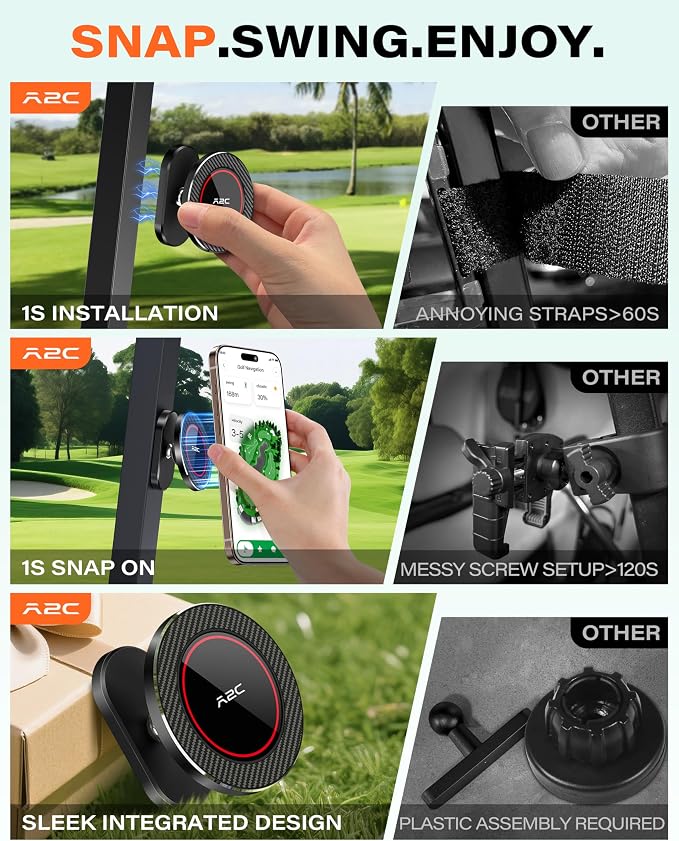 A2C Alloy Magnetic Golf Cart Phone Holder, Golf Accessories for Men, Black | Golf Gift for Men Dad Father Husband Male Golfers, Golf Accessories Essentials Gadgets Gear Stuff Fits EZGO Club Car Yamaha
