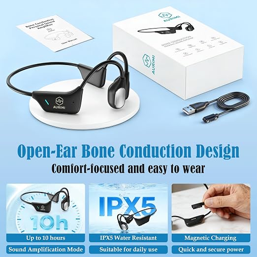 Bone Conduction Personal Sound Amplifier - Open-Ear Design for Comfortable Daily Use, Ultra Lightweight 25g, Up to 10-Hour Battery, IPX5 Water Resistant, No Bluetooth