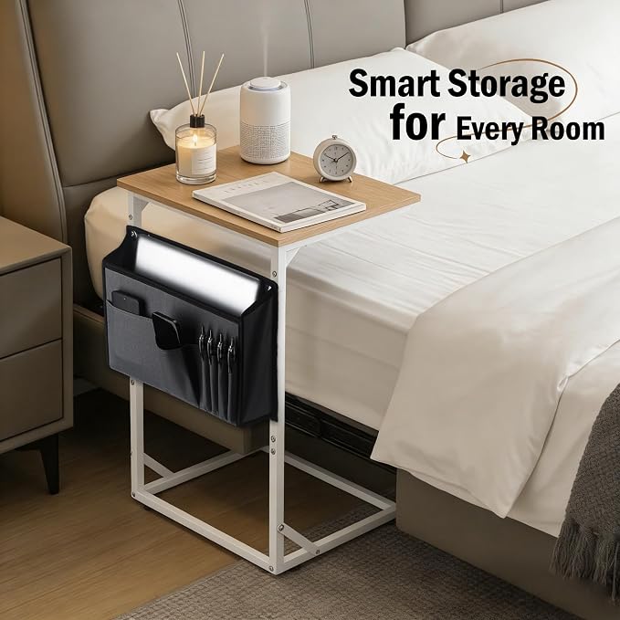 C Shaped End Table for Couch, Small Side Table for Living Room & Bedroom, Slide Under Sofa Table for Laptop, Coffee, Snacks, Easy Assembly, Modern Design