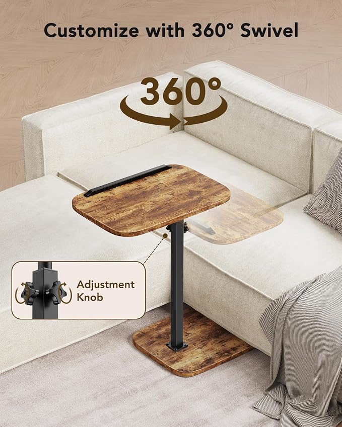HUANUO TV Tray with Height Adjustment, 360° Swivel, 90° Tilt, Rustic Brown | 19" - 31.5" Height Range, Dual Knobs for Stability, Anti-slip bar, Foldable, for Eating & Working Beside Sofa, Bed