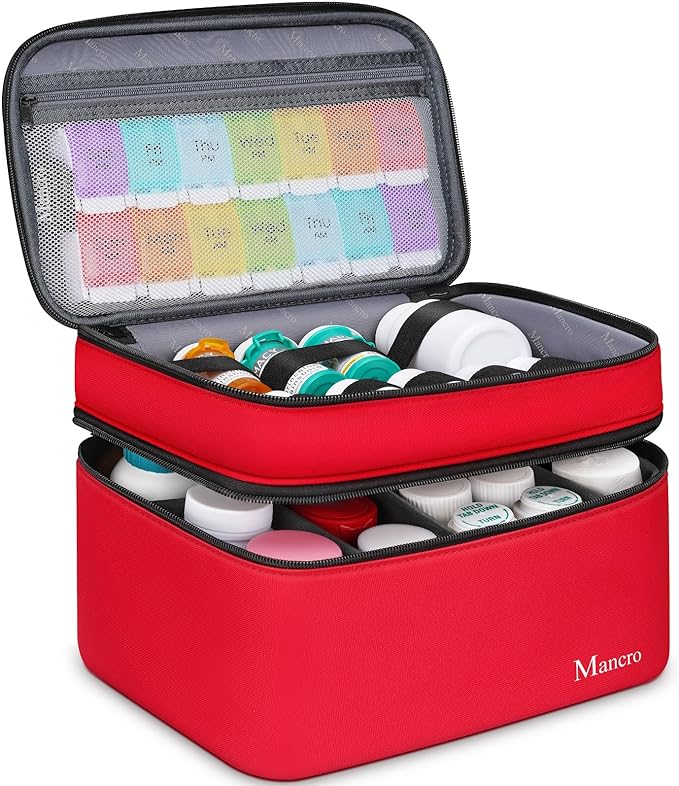 Mancro Dual Layers Medicine Organizer Bag, Pill Bottle Organizer Storage with Lockable Zipper, Medication Travel Bag for Pills, Vitamins, Medical Supplies for Home Storage, Travel
