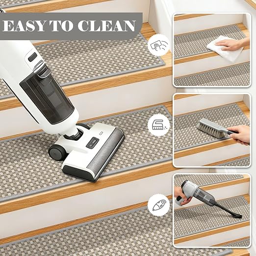 DEXDE Stair Treads for Wooden Steps 15-Pack Non-Slip Indoor, 9" x 30" Grey | Chenille & Linen Blend Carpet Stair Runners Backing, Soft Self-Adhesive Washable Stairway Step Covers for Kids Elders Dogs
