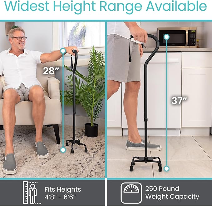 Vive Quad Cane - Walking Stick for Men and Women - Lightweight Adjustable Staff - Comfortable Right and Left Hand Grip for Stability Support - Four Prong Sturdy Aluminum Travel Aid - 4 Tip Black