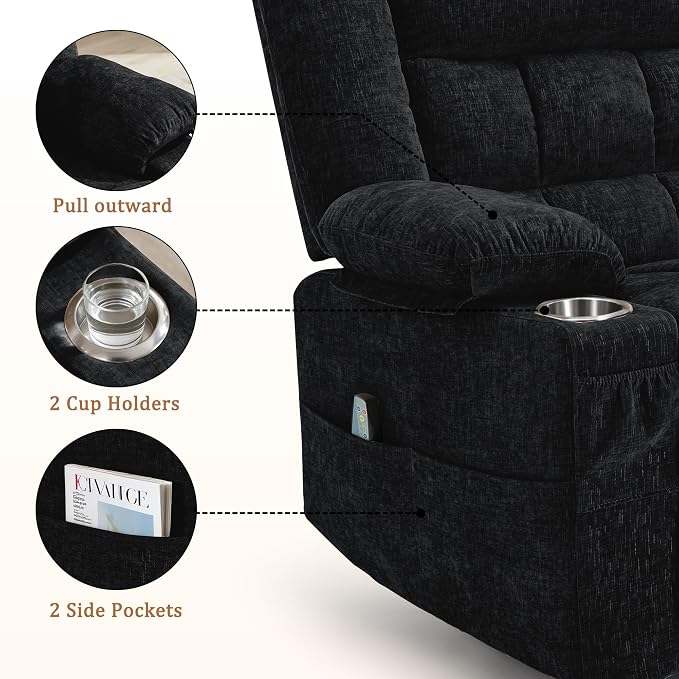 Korser 360° Swivel Rocker Recliner for Adult, Nursery Glider Recliners with Massage & Heating, Rocking Chair with Cup Holder, Manual Recliner Chair for Living Room, Bedroom (Black)