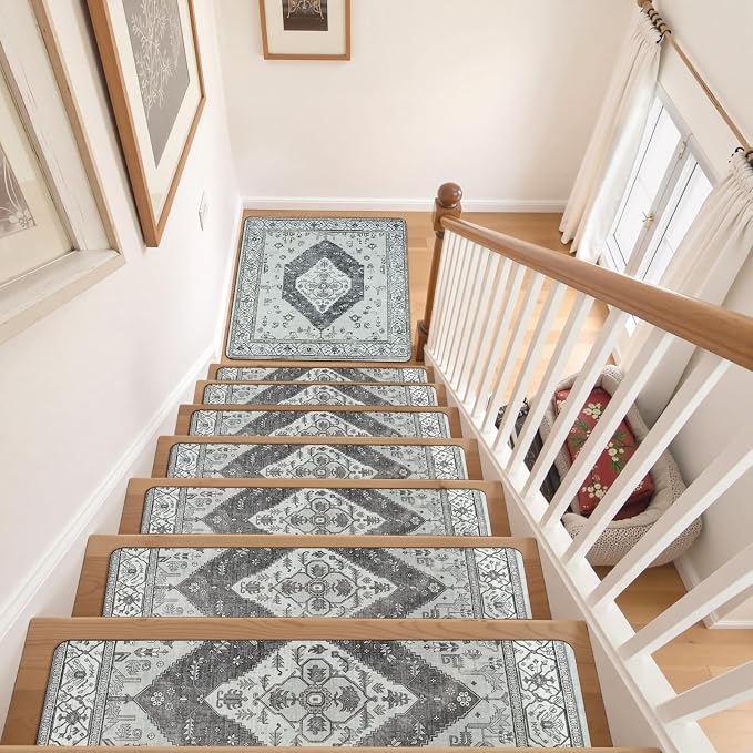 OJIA Stair Treads for Wooden Steps Non-Slip Landing Mat Stair Rug 31"X31" | Rubber Backing Stair Runner Matching Mat Safety Rugs for Family, Absorbent Washable Gray Carpet for Stairs