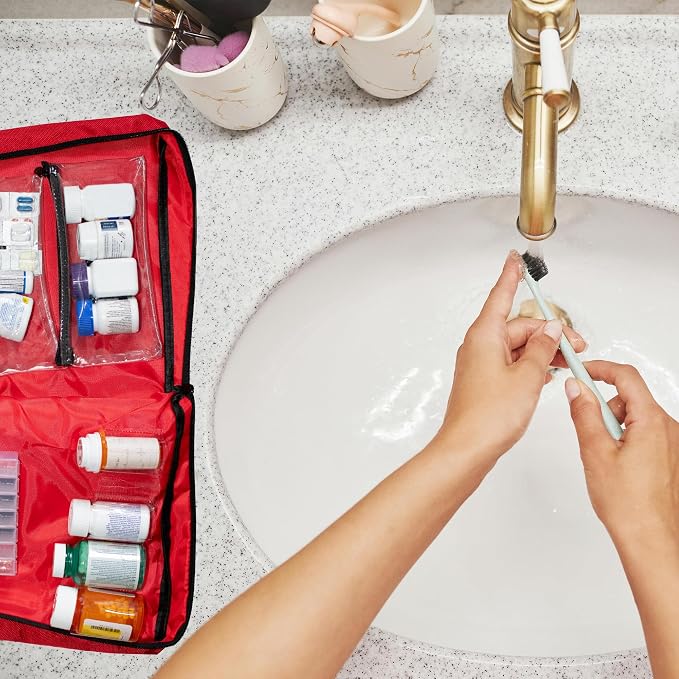 Large Combination Locking Medicine Bag, Red | Includes Pill Box, Removable Clear Bags, Prescription Bottle Organizer, Travel Carry Case, Combination Lock
