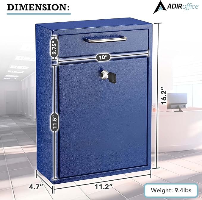 AdirOffice Mailboxes for Outside Wall Mount Large with Key Lock, Metal Locking Mailbox with Post Outdoor, Residential Mail Box Lock and Key, Cash Drop Box for Money, Parcel, Envelopes & Cards Blue