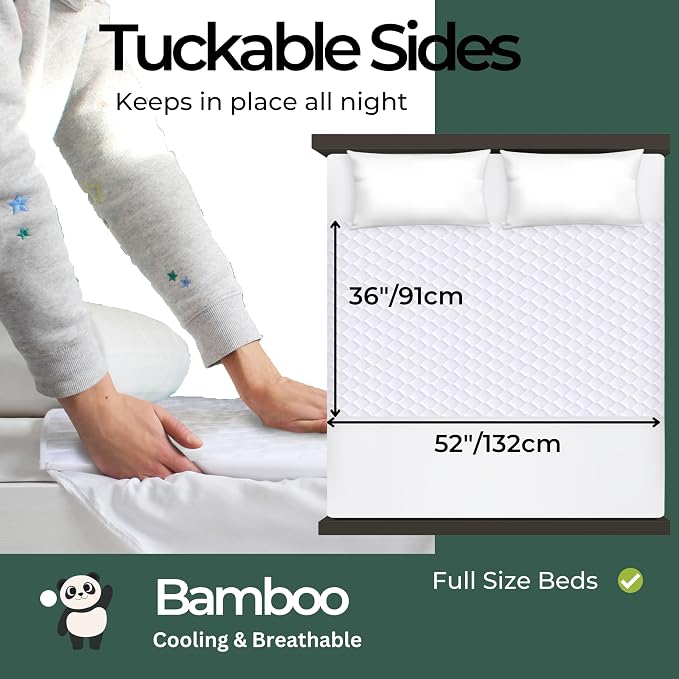 Hygge Sheets®️ Organic Washable Incontinence Bed Pads with Tucks - 100% Waterproof Reusable Mattress Protector Underpads - Rayon derived from Bamboo - Full Size Bed