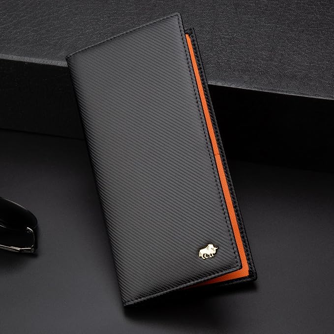 BISON DENIM Long Wallet for Men, RFID Leather Bifold, 12 Card Slots, Orange | mens long bifold wallet checkbook billfold credit card holder id window zipper coin pocket slim cowhide purse organizer