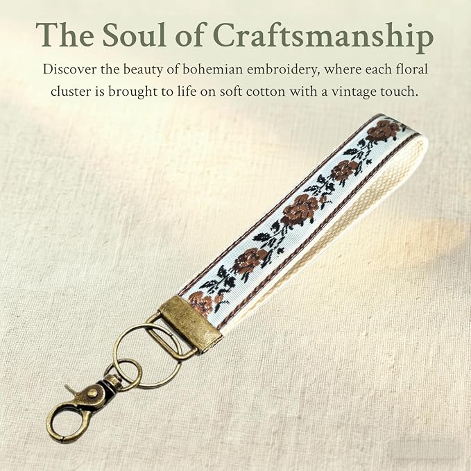 Boho Vintage Embroidered Floral plant Wristlet Keychain for Women | Cute Lanyard&Antique Brass Clasp, Lightweight Hands-Free Key Holder for keys,purses,handbags and daily outdoor use for ladies