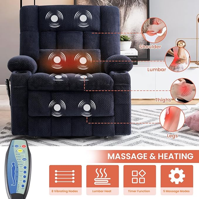 Dual Motor Power Lift Recliner Chair for Elderly, Infinite Position Lift Chair for Elderly W/Massage & Heat, Lay Flat Lift Recliner With Cup Holders, One-Touch Reset, Lumbar Pillow, Fabric (Navy)