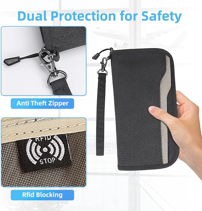 Passport Holder Family RFID Passport Wallet, Passport Holder Women/Men, Travel Wallet Documents Organizer Zipper Case with Removable Wristlet Strap, Travel Essentials for Flying