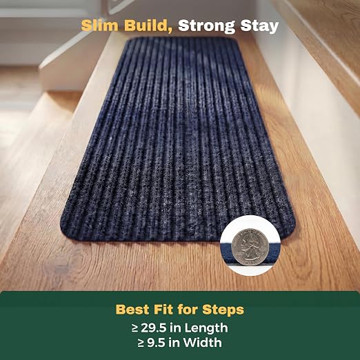 MBIGM Carpet Stair Treads for Wooden Steps, 15 Pack, 8" x 30", Navy Stripe | Four-layer polyester carpet with PP grid base, nonwoven cushion and TPR adhesive backing adds indoor traction and comfort