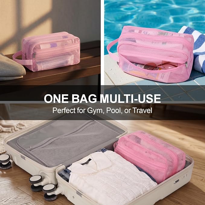 Mesh Shower Caddy Portable with Zipper - Toiletry Shower Bag for travel Gym | 2 Pockets, Quick-Dry Mesh, S-Hook, Small Hanging Shower Caddy for Toiletry Essentials, Bathroom & Camping, Pink
