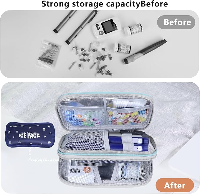 suzamed Insulin Cooler Travel Case, Double Layer Medicine Kit Diabetes Travel Case, Portable Medicine Organizer with 2Pack 150g Ice Pack TSA Approved for Insulin Pens Diabetic Supplies (Green)