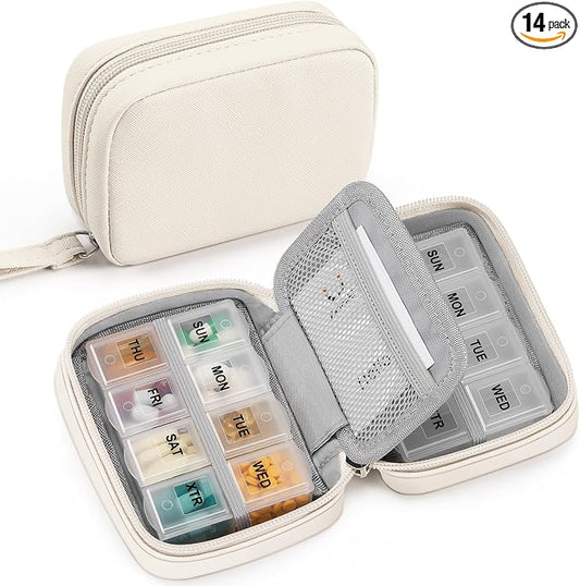Zannaki Cute Pill Organizer for Purse with Two Removable 7-Day Pill Box, Travel PU Leather Pill Case, Portable Weekly Pill Container with Storage Bag to Hold Vitamins, Fish Oils, Supplements (Beige)