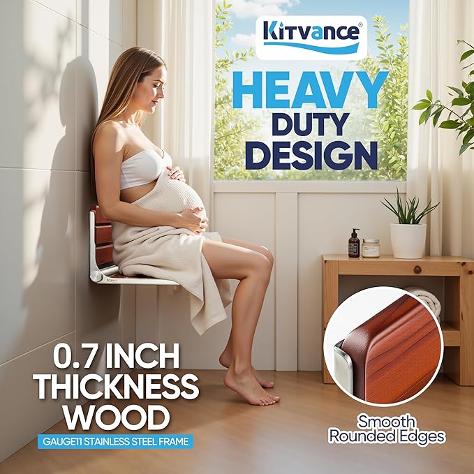 [Upgraded Version] 20" ADA Compliant Folding Teak Shower Seat Wall Mounted - Larger Teak Shower Bench, Home Care Folding Shower Seat for Inside Shower, Wall Mount Shower Chair Shower Stool, Max 400lb