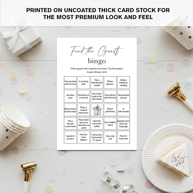 Find The Guest Bingo Cards – 25 Unique Cards, Icebreaker Party Games for Adults, Rustic White Mingle Activity for Birthday Parties, Family Reunions, Office Events & Friendsgiving