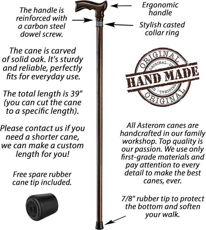 Asterom Extra Tall Handmade Walking Cane for Men - Ergonomic Carved Wood Cane Stylish Walking Stick - 39 Inch (Classic Walnut)