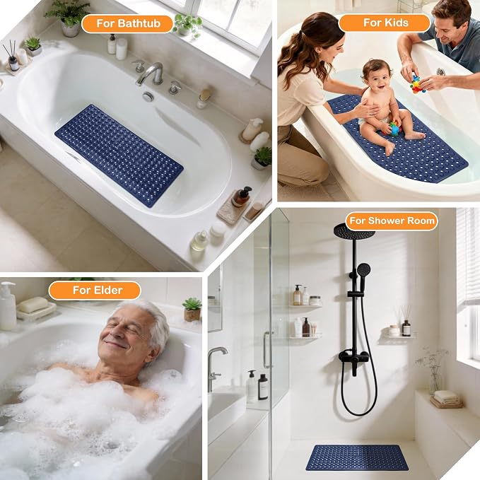 Yimobra Bathtub Mat Non Slip, 34.5"X15.5" Long Shower Mat for Inside Shower, Machine Washable Bath Mat with Drain Holes & Strong Suction Cups, Soft on Feet, Bathroom Essentials, Dark Blue