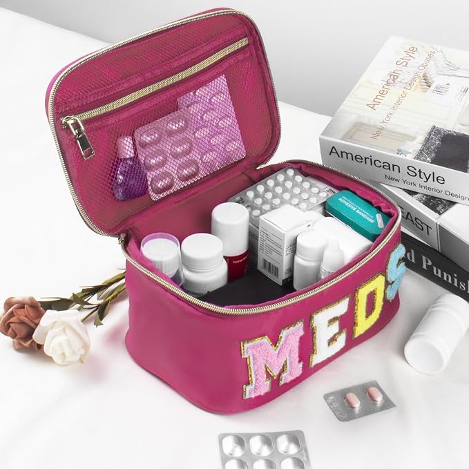 BuyCard Medicines Chenille Letter Bag Nylon Meds Makeup Pouch Preppy Path with Zipper and Handle Cosmetic Toiletry Storage Purse for Women Rose Red