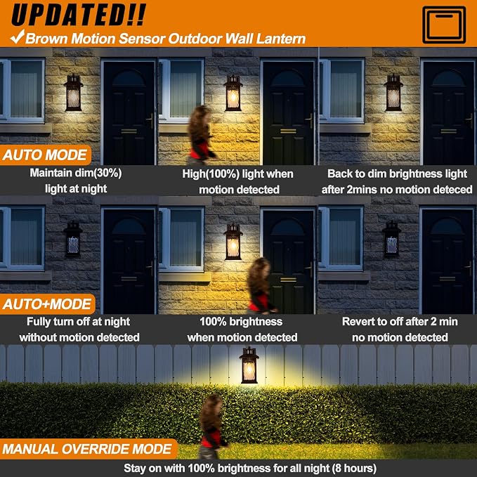 FILIYANO Motion Sensor Outdoor Wall Lights, Oil Rubbed Bronze, 2 Pack | Anti-Rust, Waterproof, Brown Exterior Coach Fixtures with 3 Modes, Modern Dusk to Dawn Sconces for Front Door, Garage, Porch
