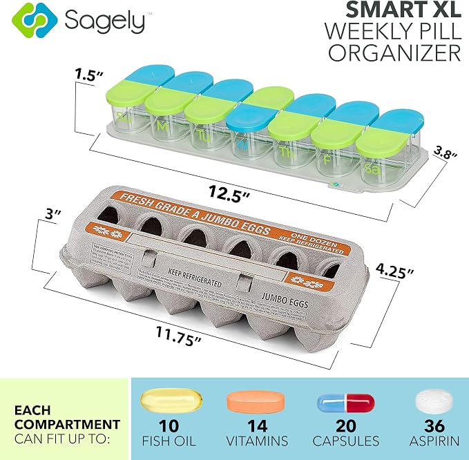 Sagely XL Pill Organizer, Durable Medicine Box, Magnetic Daily Removable Pods, Easy-to-Use, Spill-Proof, Large Enough to Fit Fish Oil, Cod Liver Oil, Supplements & Vitamins (Mint Blue/Coral)