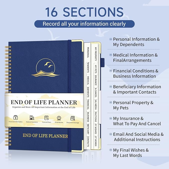 End of Life Planner, Estate Planning Organizer with Tabs for Senior, Spiral Funeral Planning Book with Large Font, Gold Corner Guards & Inner Pocket for Will Preparation, 7.36" x 10.4", Blue
