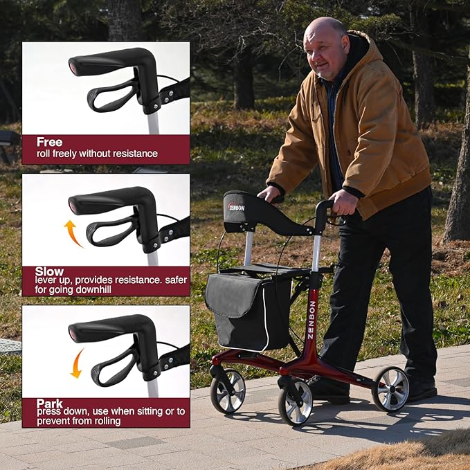 Rollator Walker for Seniors/Adults Foldable Rolling Walker with Seat 440 lbs Capacity 4 Big 7.9 inch Wheels Hand Grips Adjustable Height Lightweight Carbon Fiber Walker Removable Back Support