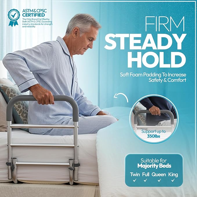 Bed Rails for Elderly Adults Safety – ASTM & CPSC Approved Adjustable Bed Rail For Seniors, Bed Cane with Non-Slip Ergonomic Handle, Fits King, Queen & Standard Size Beds, Tool-Free Assembly, 300 lbs