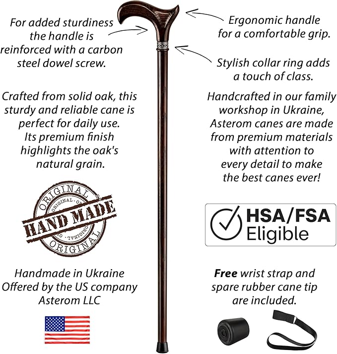Asterom Walking Cane - Handmade, Ergonomic, Wooden - Canes for Men & Women - Walking Sticks for Seniors, Unique, Wood