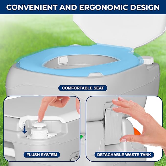 SereneLife 5.8 Gal Portable Camping Toilet For Adults, 120+ Flushes Porta Potty Camp Toilet with Detachable Waste Tank, Level Indicator, Carry Bag, Suitable for Camping, Hiking, and Boating