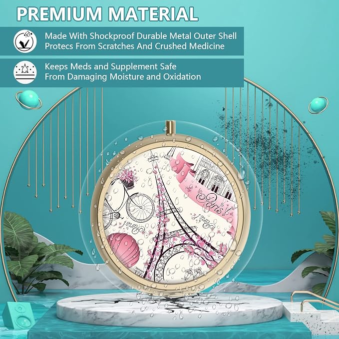 Pill Case Pill Box with Mirror Retro 3 Compartment Small Pill Case for Purse or Pocket Bronze Small Roud Pill Box or Vitamins, Fish Oil, Supplements, Pill Containe Travel Gifts（Paris Eiffel Tower）