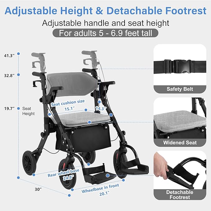 Rollator Walkers for Seniors with Seat, Walker Wheelchair Combo, 2 in 1 Rolling Walker Transport Wheelchair Lightweight Foldable, 10" Big Wheels Transport Chair with Brakes,Grey