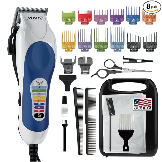 Wahl Clipper USA Color Pro Complete Haircutting Kit with Easy Color Coded Guide Combs - Corded Clipper for Hair Clipping & Grooming Men,Women,& Children - Model 79300-1001M,(Pack of 8)