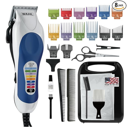 Wahl Clipper USA Color Pro Complete Haircutting Kit with Easy Color Coded Guide Combs - Corded Clipper for Hair Clipping & Grooming Men,Women,& Children - Model 79300-1001M,(Pack of 8)