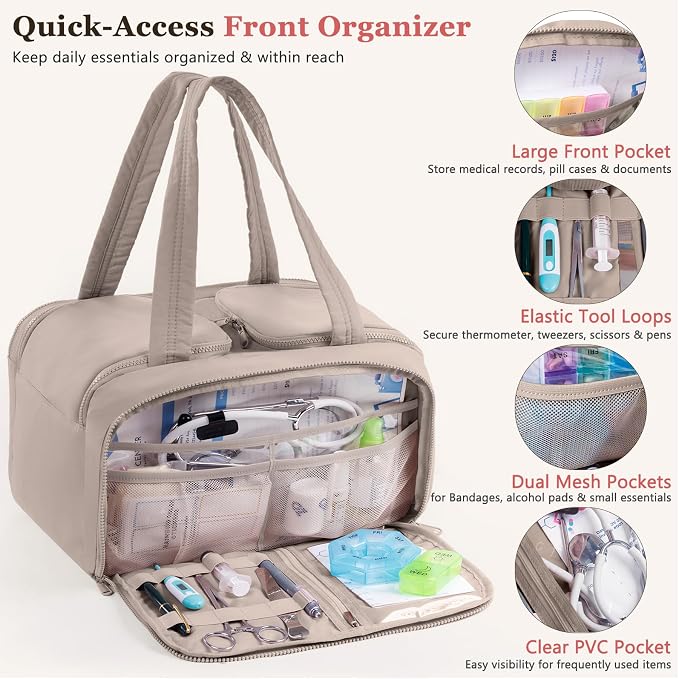 Travel Medicine Storage Bag with 2 Compartments, Wide-Mouth Medical Organizer, Puffy Lightweight First Aid Bag for Prescription Bottles, Pill Cases, Medical Supplies & Family Emergency Essentials