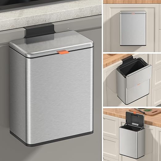 Mbillion 2.1 Gal Silver Hanging Stainless Steel Compost Bin | 8L trash can with lid, cabinet & under sink door mount design, for kitchen, RV and bathroom food waste storage