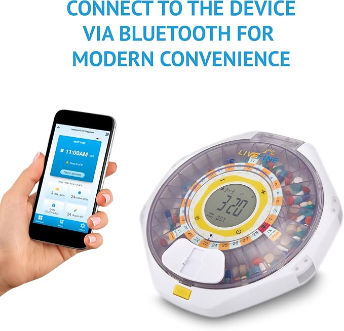 LiveFine Bluetooth Pill Dispenser, 9 Dosage Rings, 28-Day, Clear Lid | Free app control with sound and light alerts, secure key lock, quick-press latch - for seniors and arthritis sufferers.