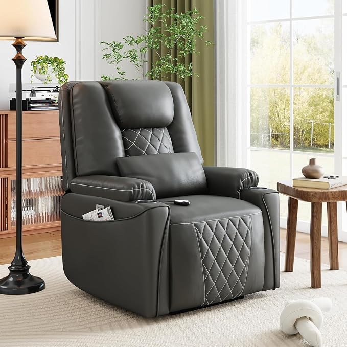 Garvee Power Lift Recliner Chair Sofa, PU Leather Reclining with Charging Ports, Cup Holders, Electric Stand Assist for Elderly, Home Theater Seating with Remote for Living Room, Gray