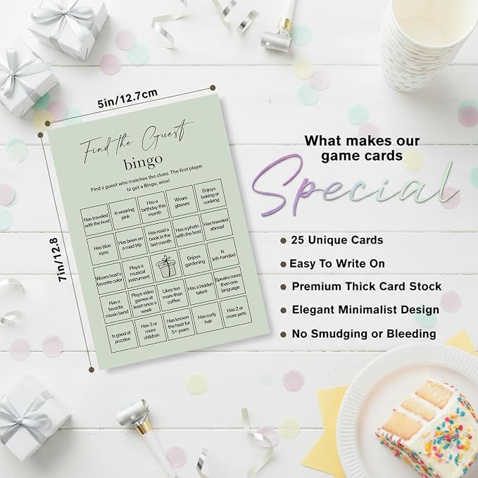 Find The Guest Bingo Cards – 25 Unique Cards, Icebreaker Party Games for Adults, Rustic Sage Green Mingle Activity for Birthday Parties, Family Reunions, Office Events & Friendsgiving