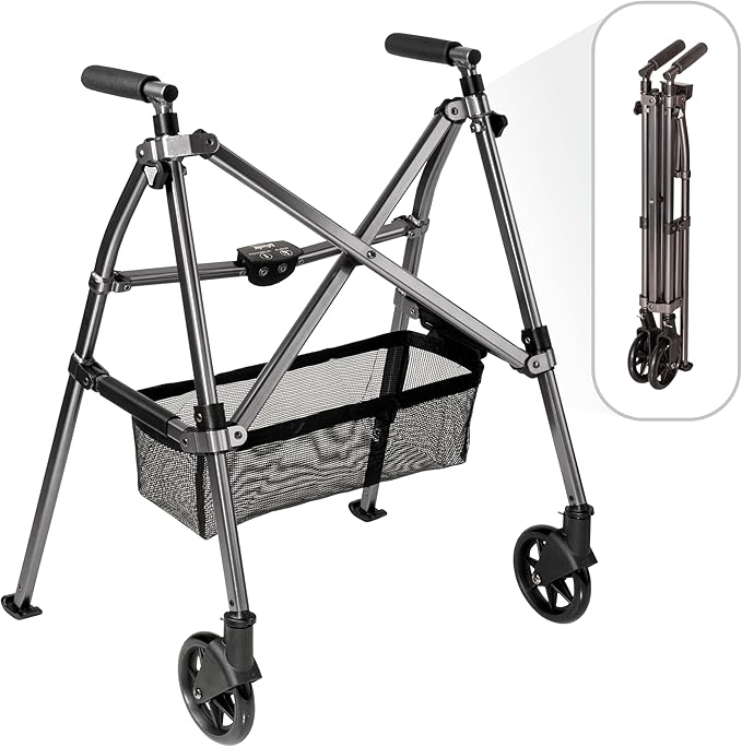 Stander Wonder Walker Plus, Lightweight Folding Mobility Aid for Adults, Seniors, and Elderly, Collapsible Travel EZ Fold-N-Go with Wheels, Glides, & Basket, Black Walnut