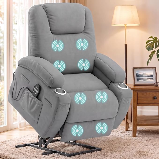 Flamaker Power Lift Chair Massage Recliner Chairs for Elderly | Ergonomic Lift Recliner Design with Cup Holders & Side Pockets, Remote Control (Gray)