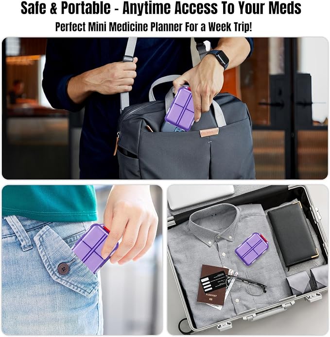 7 Day Compact Pill Organizer, Foldable Portable Travel Pill Box with Double Protection, Daily Small Pill Case Dispenser for Medication, Vitamins, Supplements (Clear Purple)