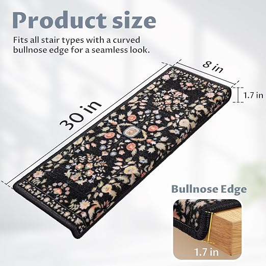 RORA Bullnose Stair Treads for Wooden Steps, Non Slip Stair Carpet 7pcs | Washable, Self-Adhesive, Floral Stair Rug Runner with Edge Protection for Indoor, Pets & Elder, 29.5 x 9.5x 1.7, Black